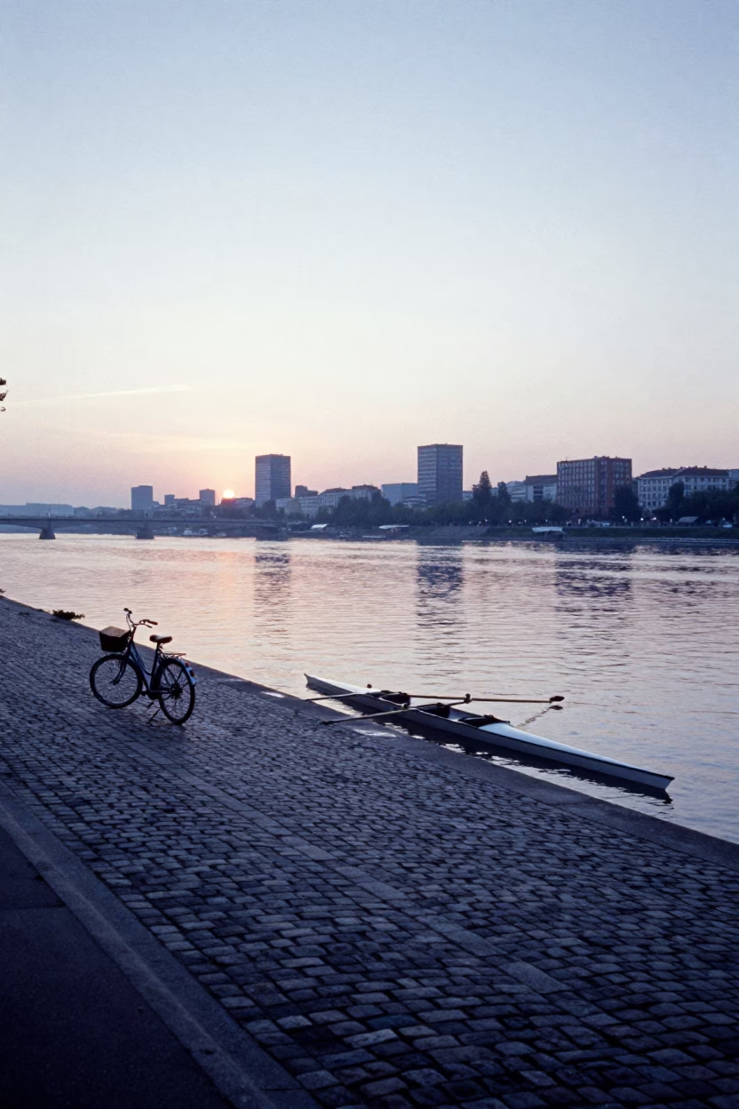 Dawn Light on Vienna Danube Canal Cobblestones with Bicycle and Sugar Bowl in in Vienna, Austria