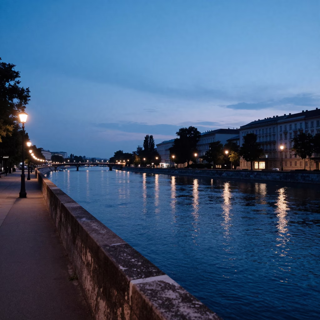 Dawn Light on Vienna Danube Canal Embankment with Vintage Bakelite Telephone in in Vienna, Austria