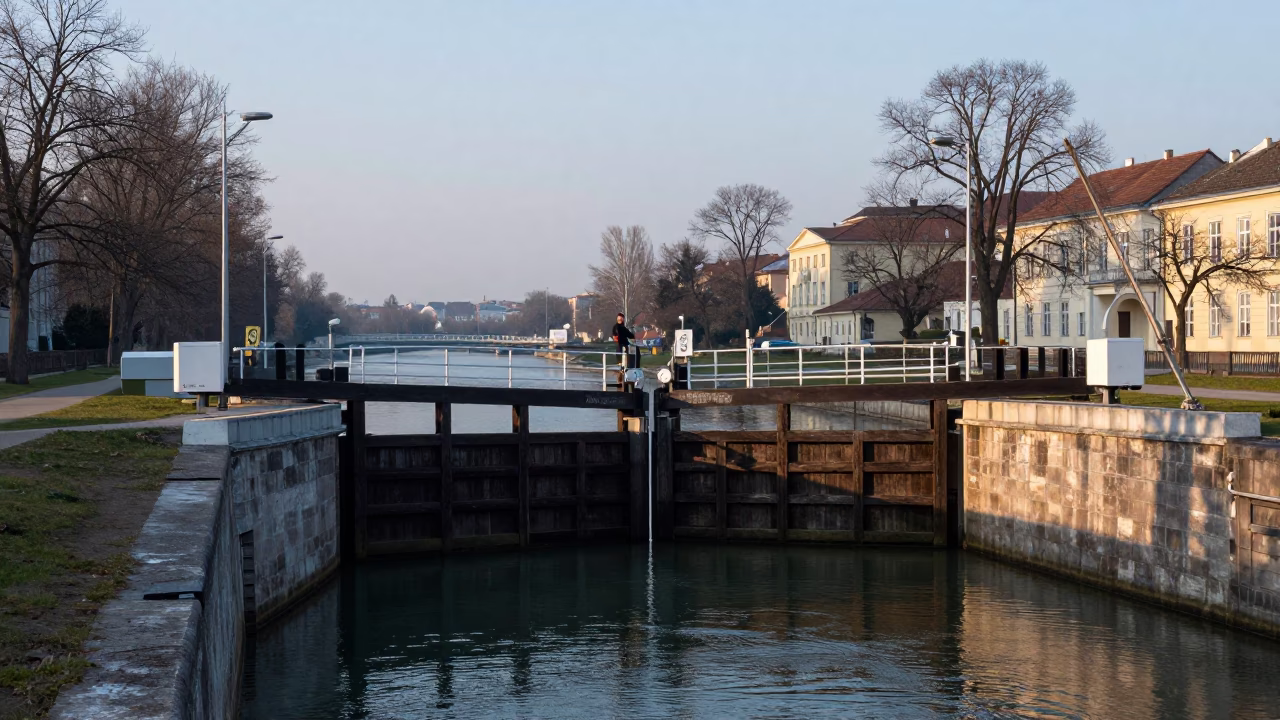 Dawn light on Vienna Danube Canal lock wooden gates and bottle in in Vienna, Austria