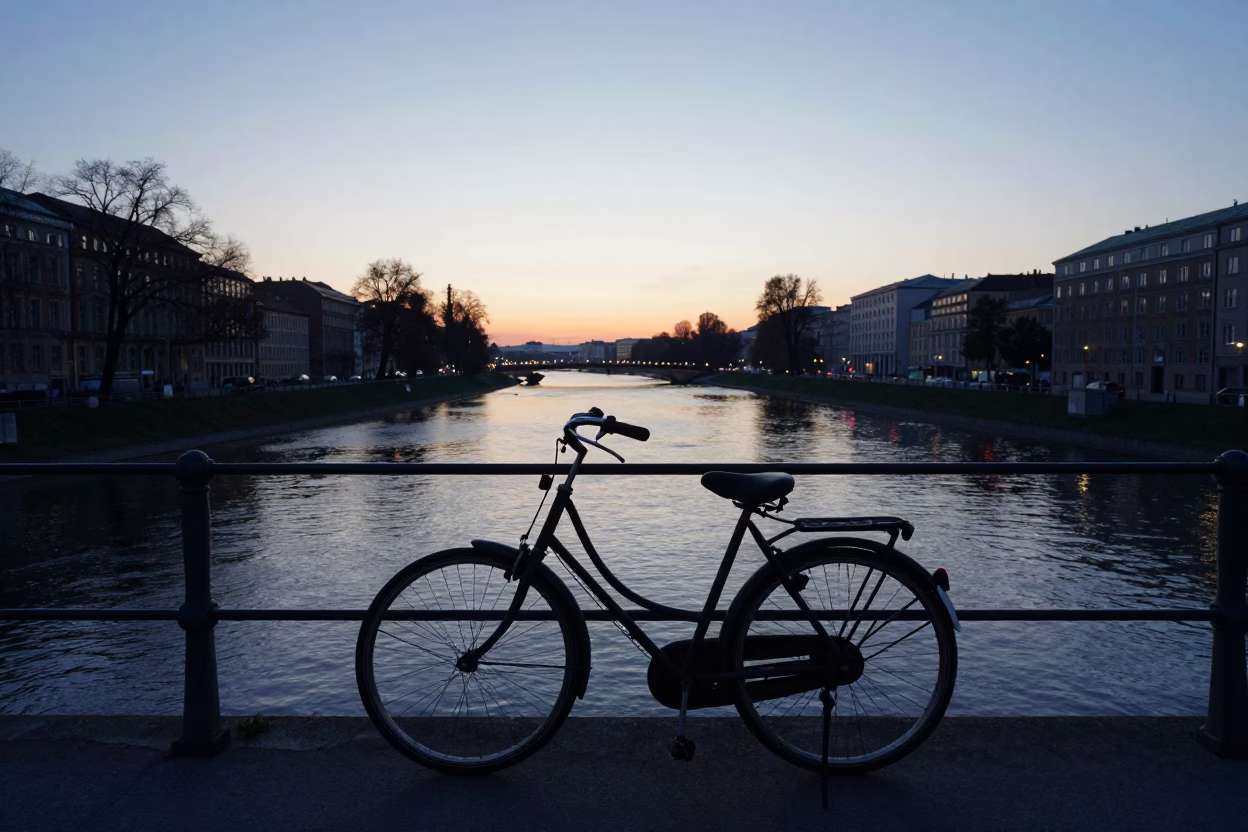 Dawn Light on Vienna Danube Canal with Vintage Bicycle and Street Lamp in in Vienna, Austria