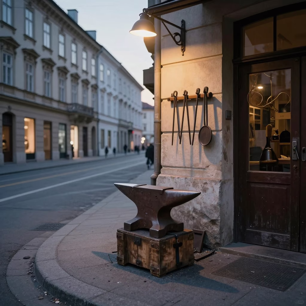 Dawn light on Vienna street corner with blacksmith tools and steel tray in in Vienna, Austria