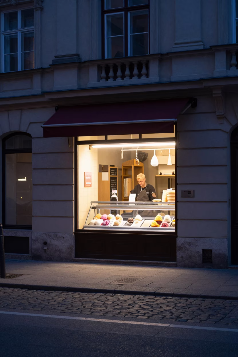 Dawn Light on Vienna Street Corner with Gelato Shop Window Display in in Vienna, Austria