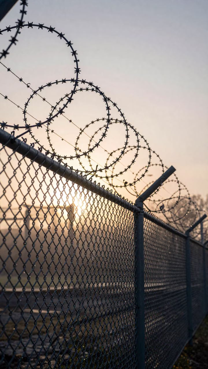Dawn Light on Vienna Substation Fence with Dew and Warning Signs in in Vienna, Austria