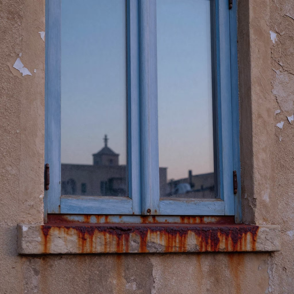 Dawn light on weathered Beirut window sill with rust and iron hook in in Beirut, Lebanon