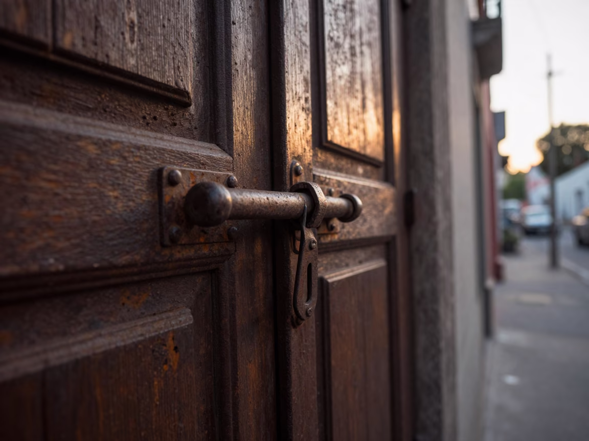 Dawn light on weathered door latch and rusted hinge screws in Mexico City alleyway in in Mexico City, Mexico