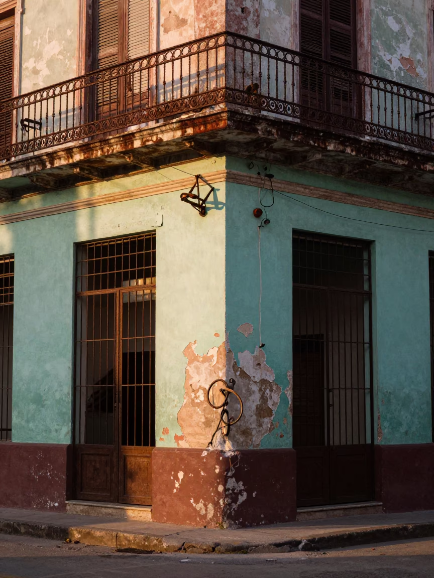 Dawn light on weathered Havana street corner with turnbuckle and quiet morning stillness in in Havana, Cuba