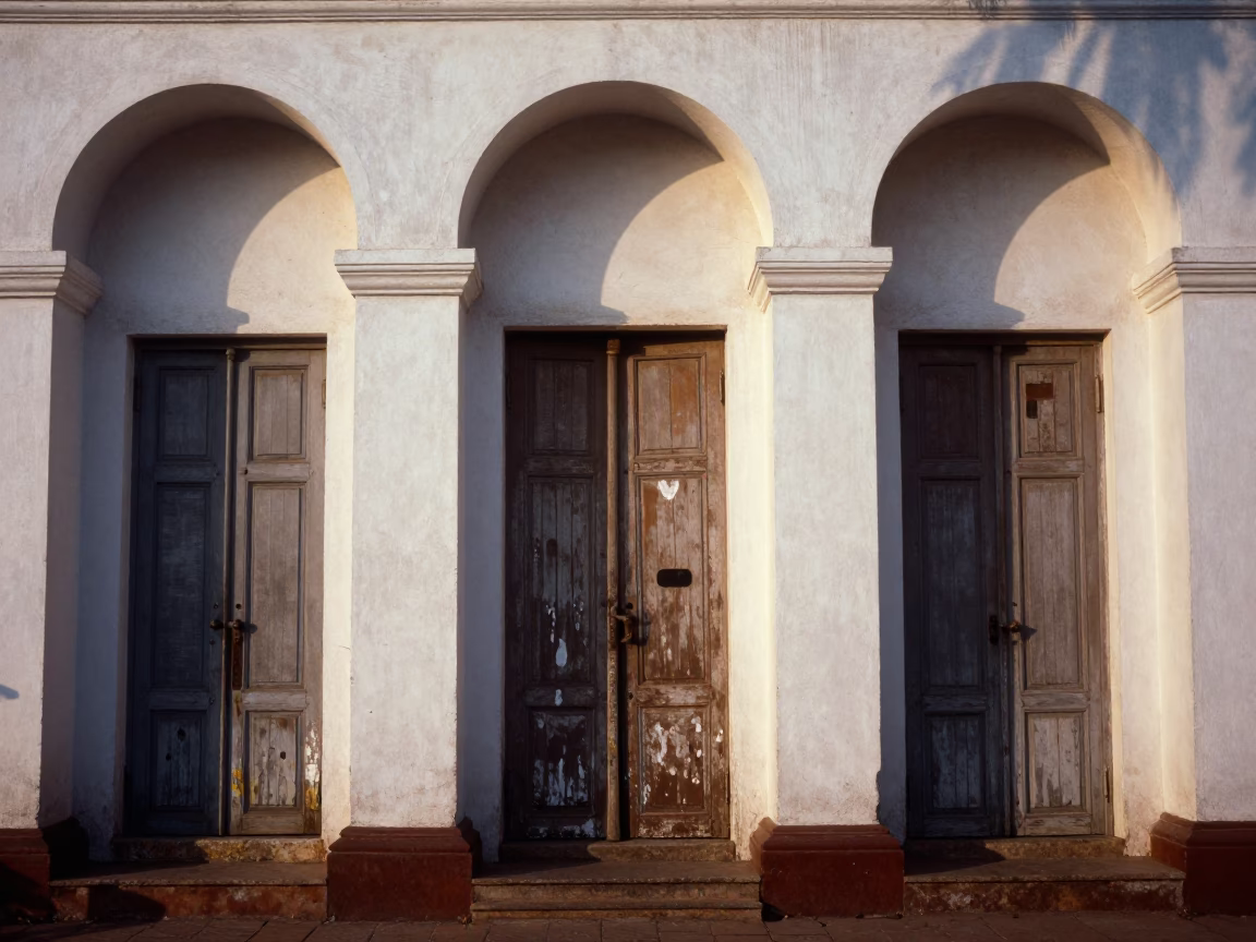 Dawn Light on Weathered Hinges and Paint Flecks at Kochi Fort Gate in in Kochi, India