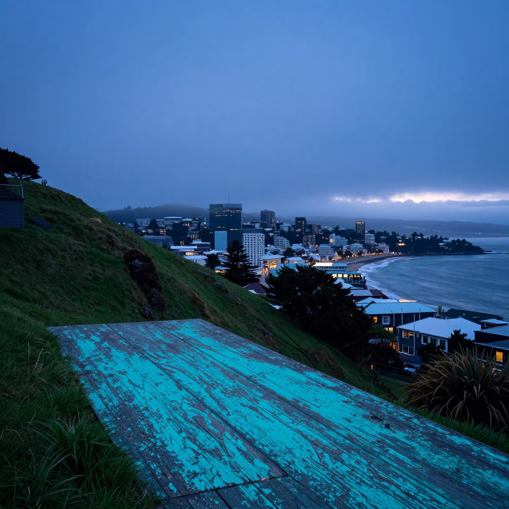 Dawn Light on Weathered Turquoise Paint and Coastal Wellington Street Scene in in Wellington, New Zealand