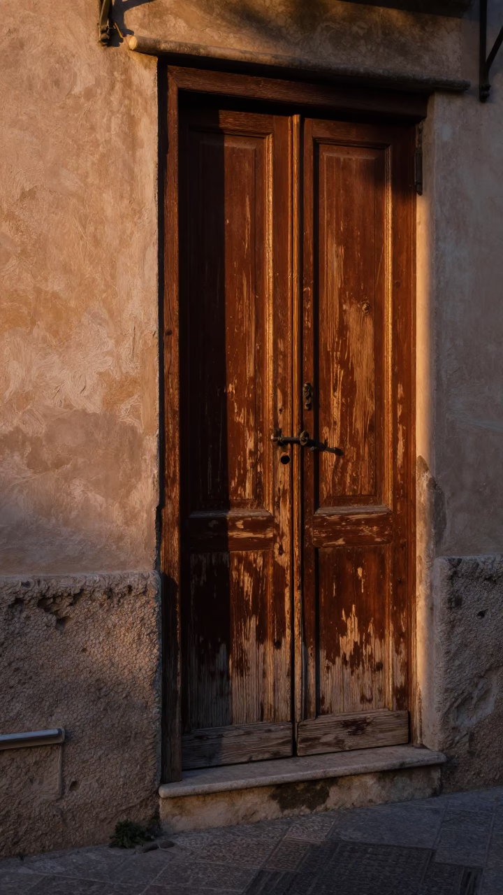 Dawn Light on Weathered Wooden Door Latch in Palermo Italy Street Scene in in Palermo, Italy