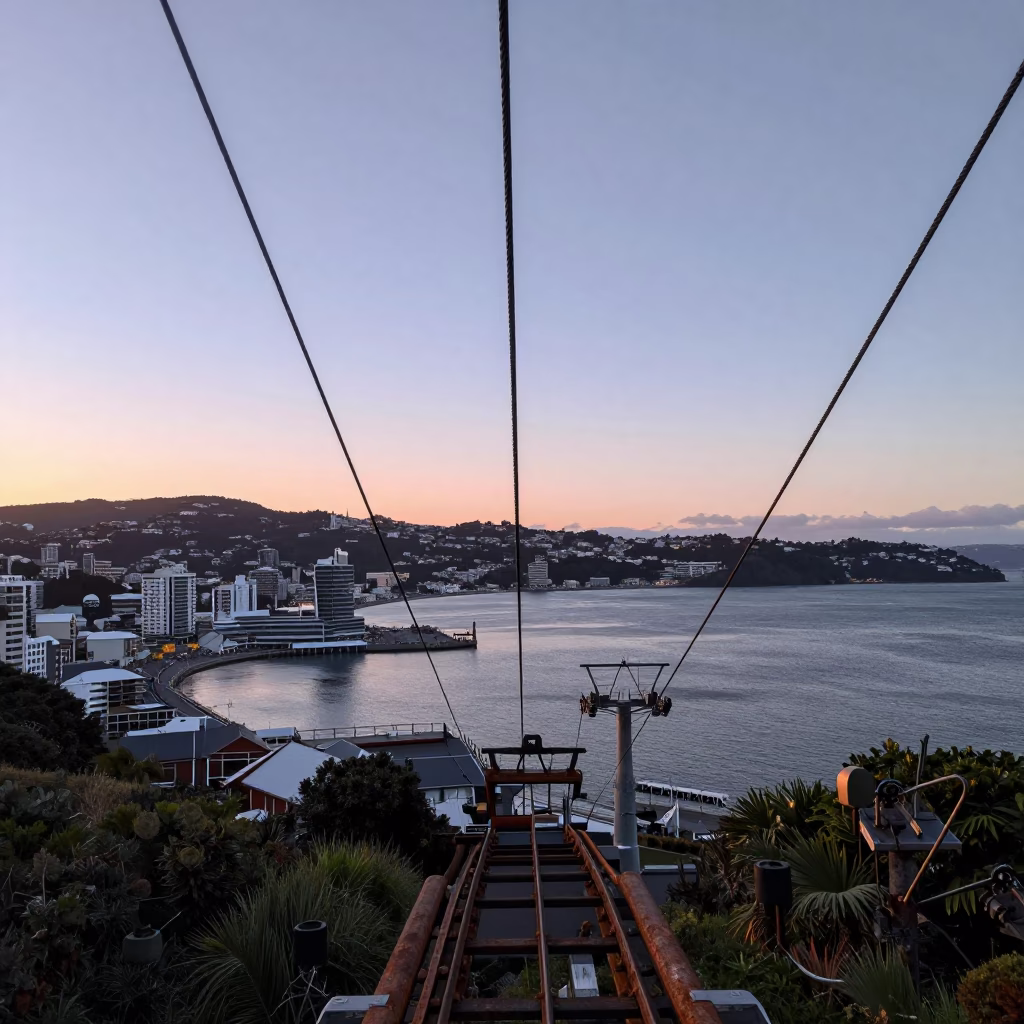 Dawn Light on Wellington Cable Car Track and Harbor View in in Wellington, New Zealand