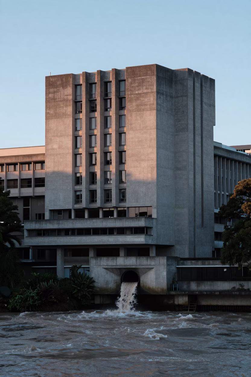 Dawn Light on Wellington Concrete Brutalist University Building Exterior with Storm Drain Outfall in in Wellington, New Zealand