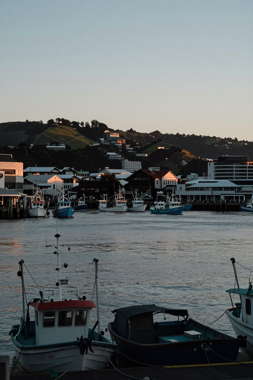 Dawn light on Wellington harbor with fishing boats and city skyline reflection in in Wellington, New Zealand
