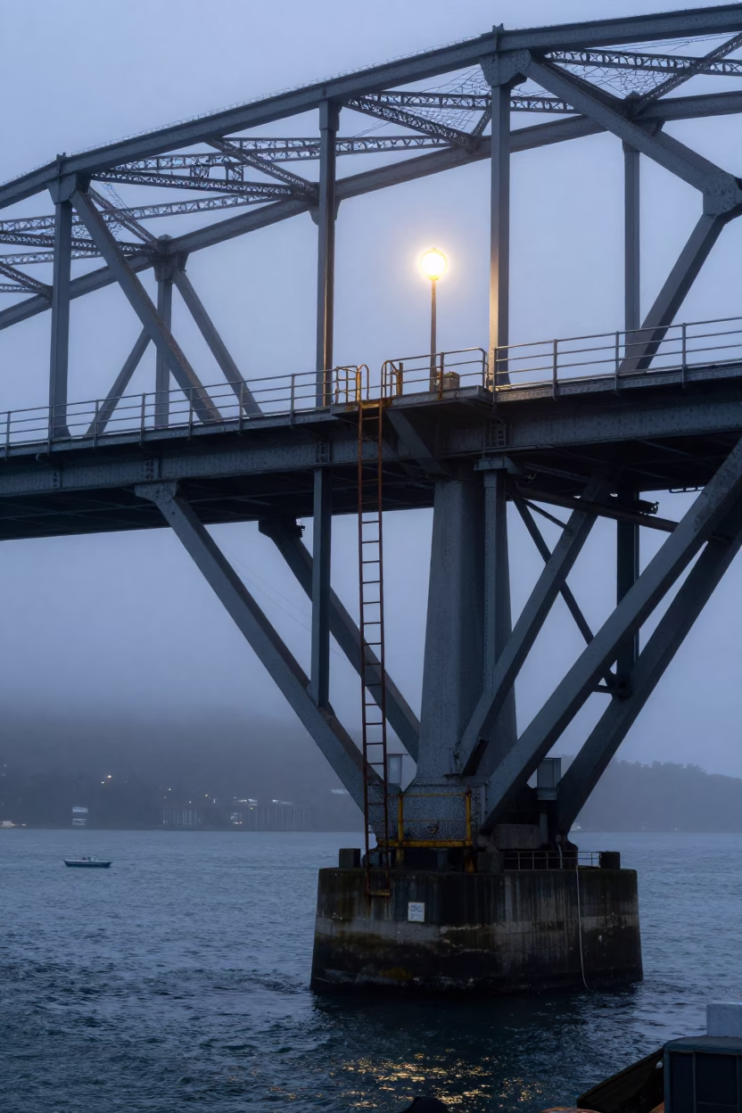 Dawn Light on Wellington Harbour Bridge Pier Inspection Ladder Above Choppy Estuary Water in in Wellington, New Zealand