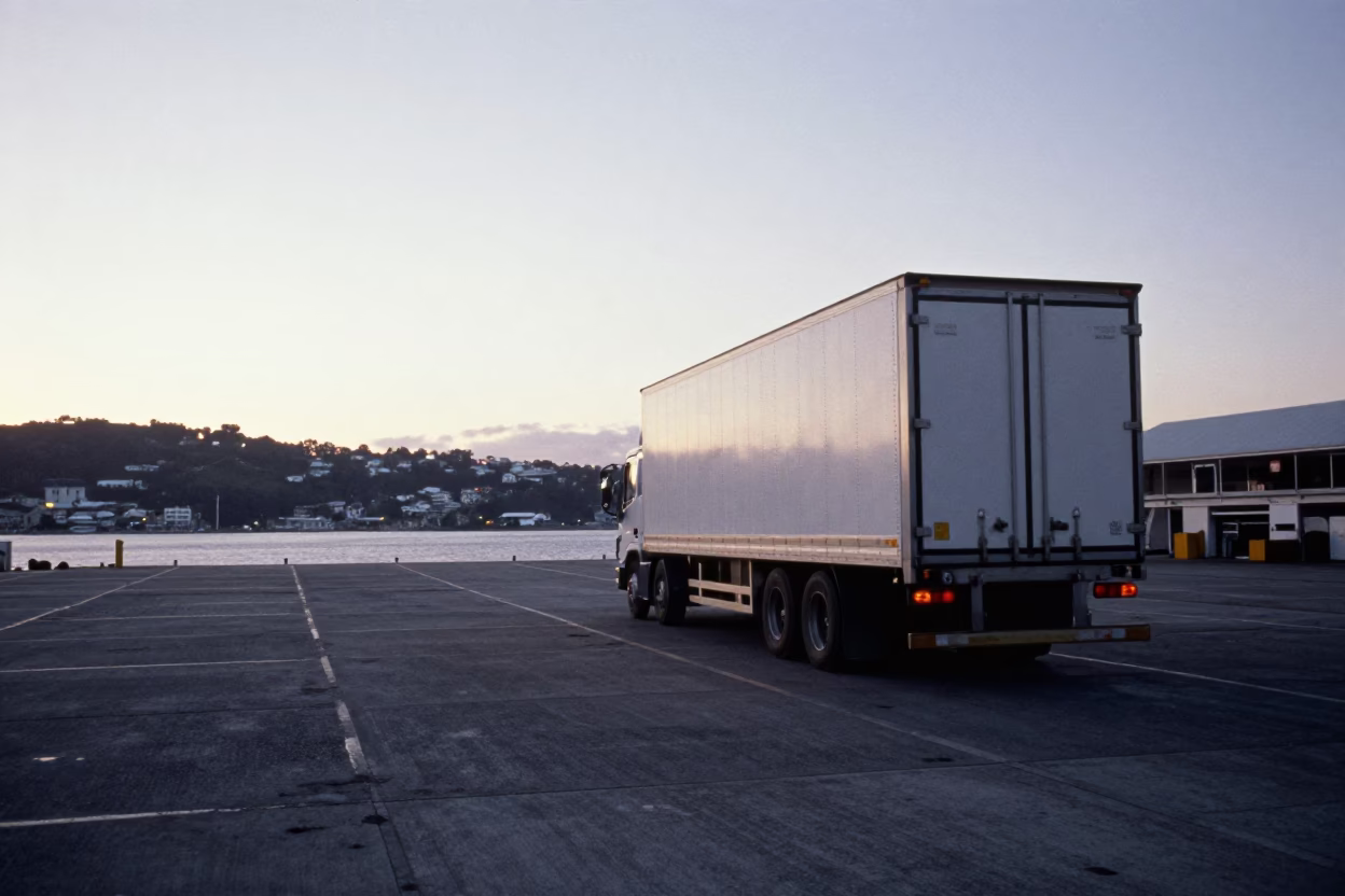 Dawn Light on Wellington Harbour Loading Dock with Semi-Trailer and City Skyline in in Wellington, New Zealand
