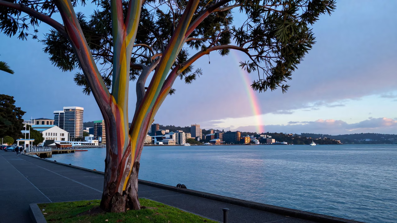 Dawn Light on Wellington Harbour Promenade with Rainbow Eucalyptus and City Skyline in in Wellington, New Zealand