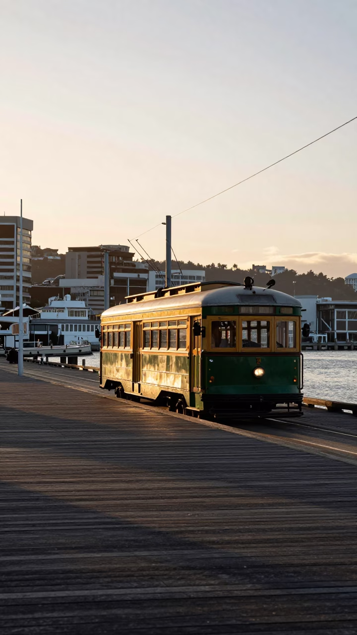 Dawn Light on Wellington Harbour Promenade with Vintage Tram and Seagulls in in Wellington, New Zealand