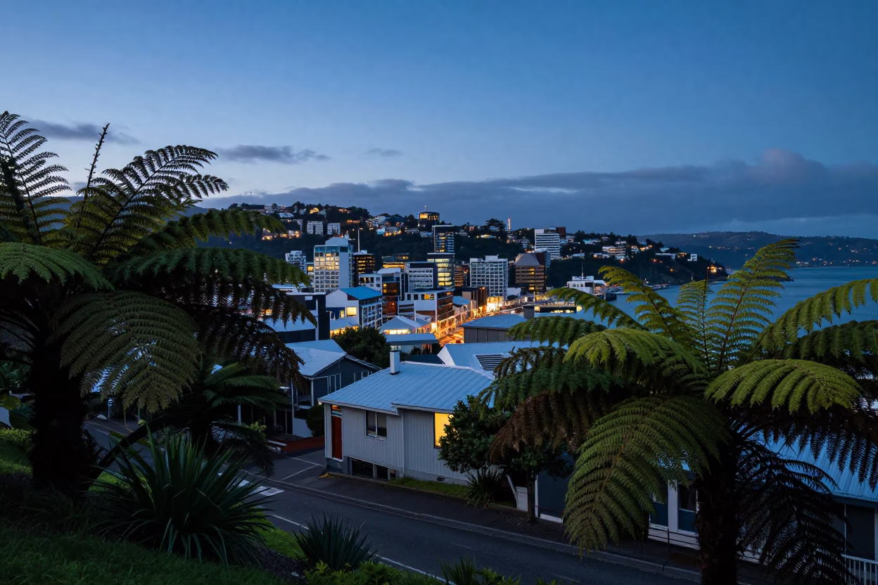 Dawn Light on Wellington Harbour Street with Ferns and Morning Commute in in Wellington, New Zealand