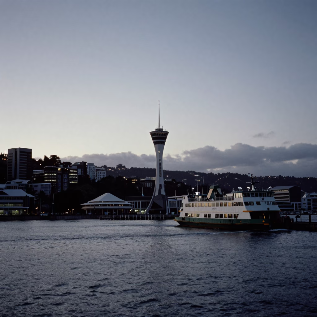 Dawn Light on Wellington Harbour Water Tower and Ferry Terminal Foreground in in Wellington, New Zealand
