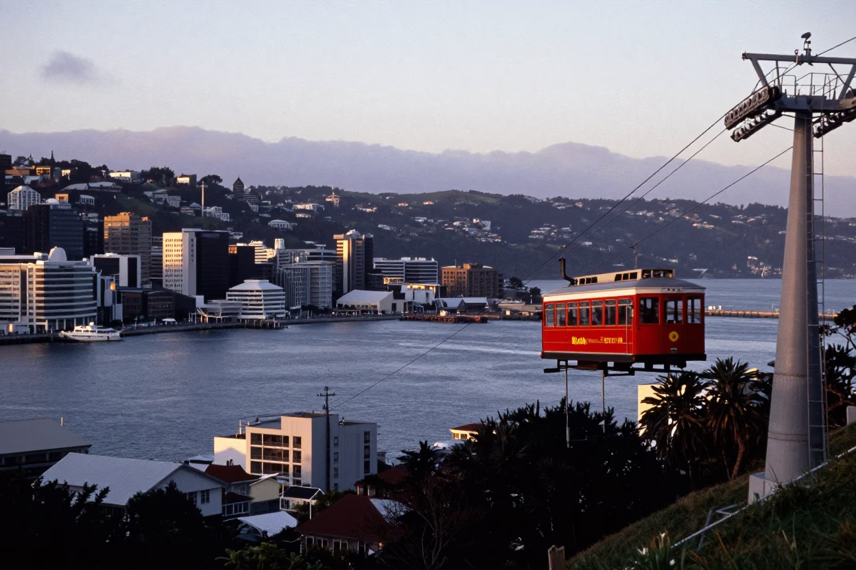 Dawn light on Wellington waterfront with cable car and harbor views in in Wellington, New Zealand