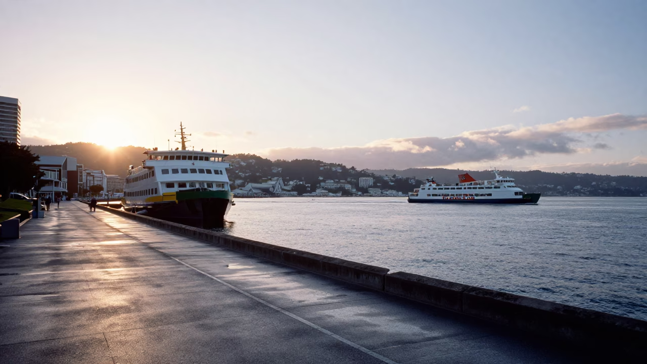 Dawn light on Wellington waterfront with harbor ferry and urban street details in in Wellington, New Zealand