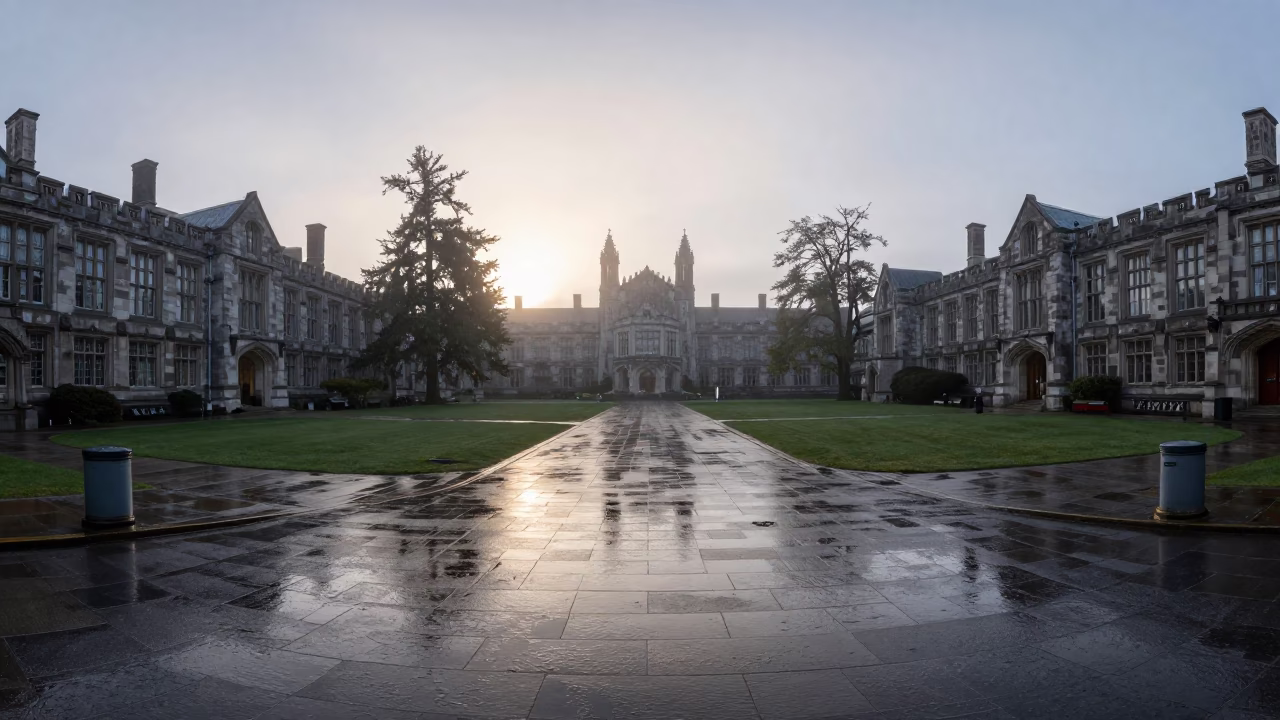 Dawn Light on Wet Flagstones in Vancouver University Cloister Crossing in in Vancouver, British Columbia, Canada