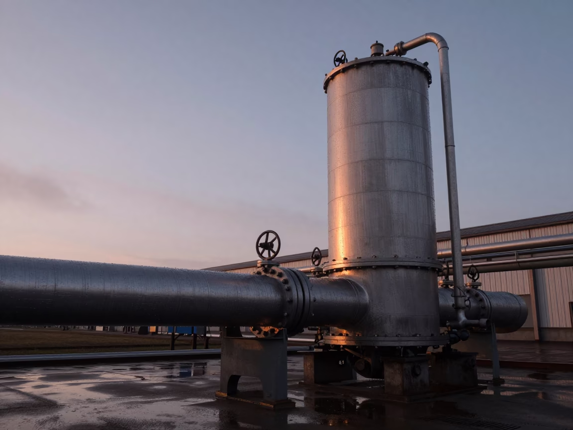 Dawn light on wet industrial pipeline pig launcher cylinder in Berlin Germany in in Berlin, Germany