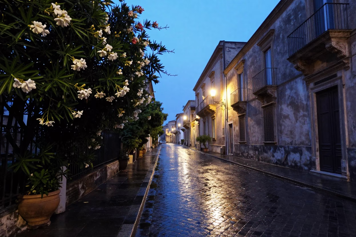 Dawn Light on Wet Palermo Streets with Oleander Hedge and Stone Architecture in in Palermo, Italy