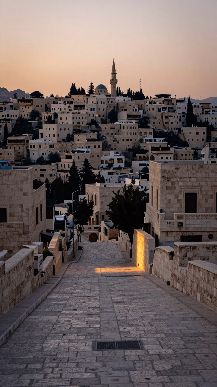 Dawn Light on White Stone Streets of Amman Jordan Before Sunrise in in Amman, Jordan