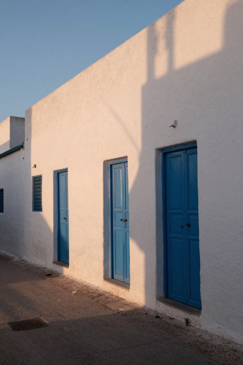 Dawn light on whitewashed walls and blue doors in Essaouira Morocco coastal streets in in Essaouira, Morocco
