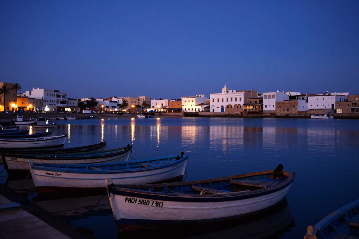 Dawn Light on Wooden Fishing Boats in Essaouira Morocco Harbor in in Essaouira, Morocco