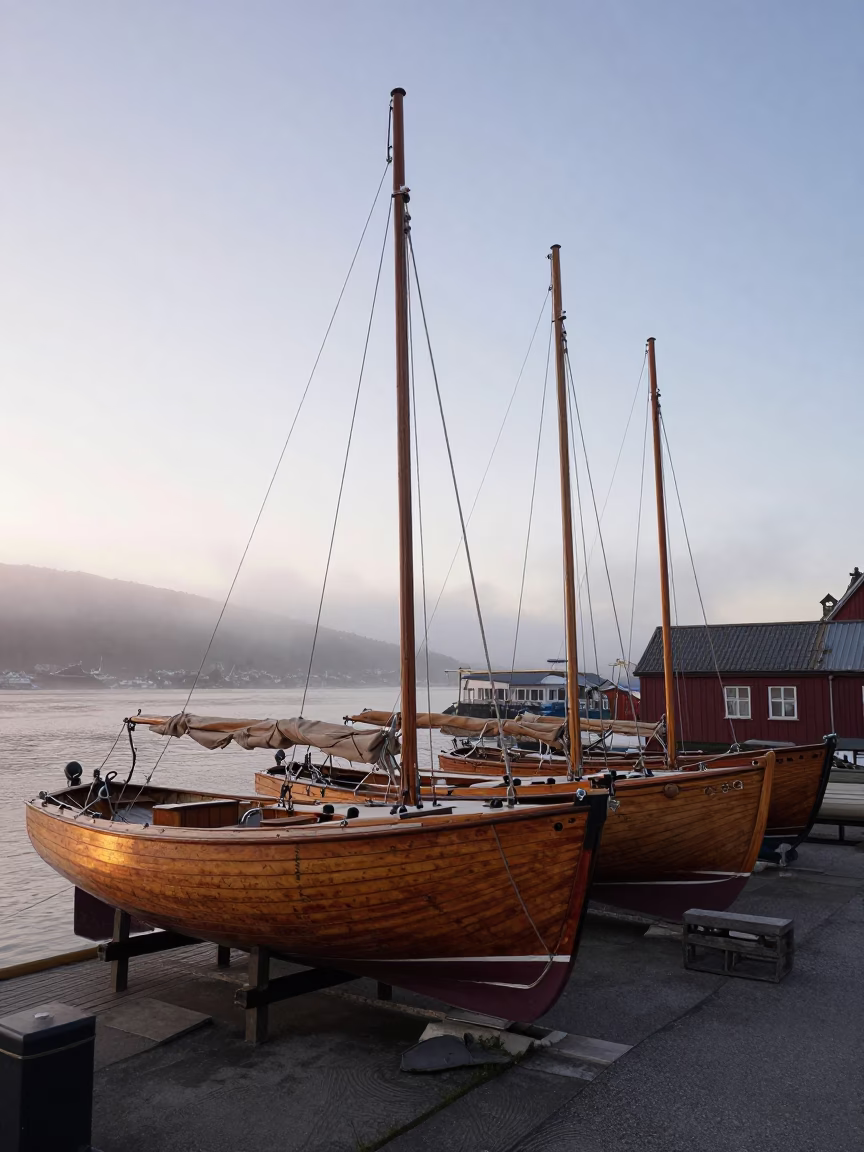 Dawn Light on Wooden Sailboats in Bergen Norway Boatyard in in Bergen, Norway
