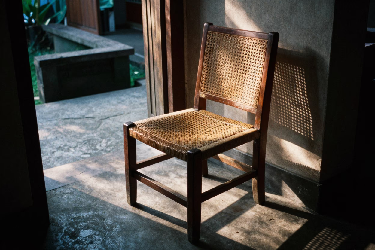 Dawn Light on Woven Cane Chair in Traditional Balinese Home Interior in in Denpasar, Indonesia