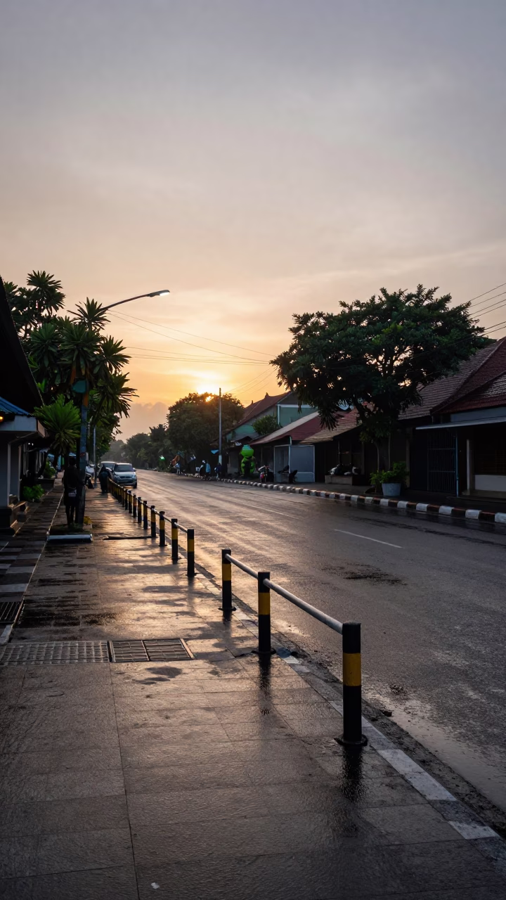 Dawn Light on Yogyakarta Street Corner with Peg Rails and Wet Pavement Reflections in in Yogyakarta, Indonesia