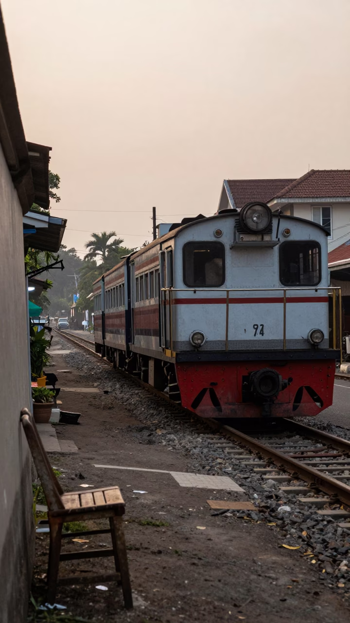 Dawn Light on Yogyakarta Street with Narrow Gauge Train and Ladder-Back Chair in in Yogyakarta, Indonesia