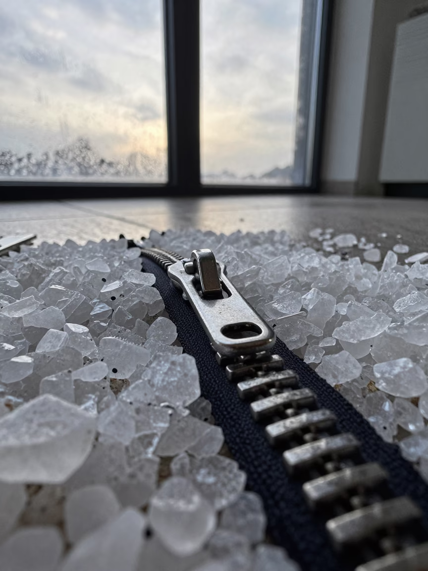 Dawn Light on Zipper Teeth and Salt Crystals in on salt crystals along a pan rim in Copenhagen