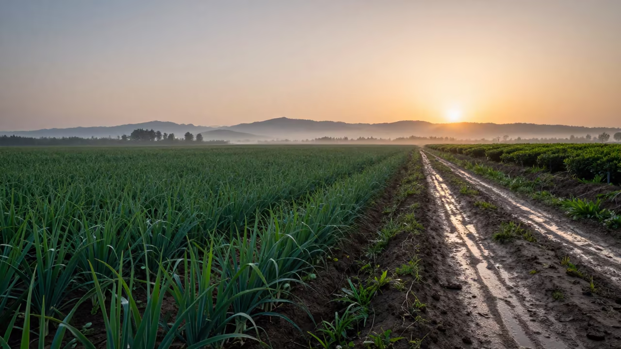 Dawn Light Over Onion Fields And Irrigation Ditch in at the edge of a tea plantation in Georgia