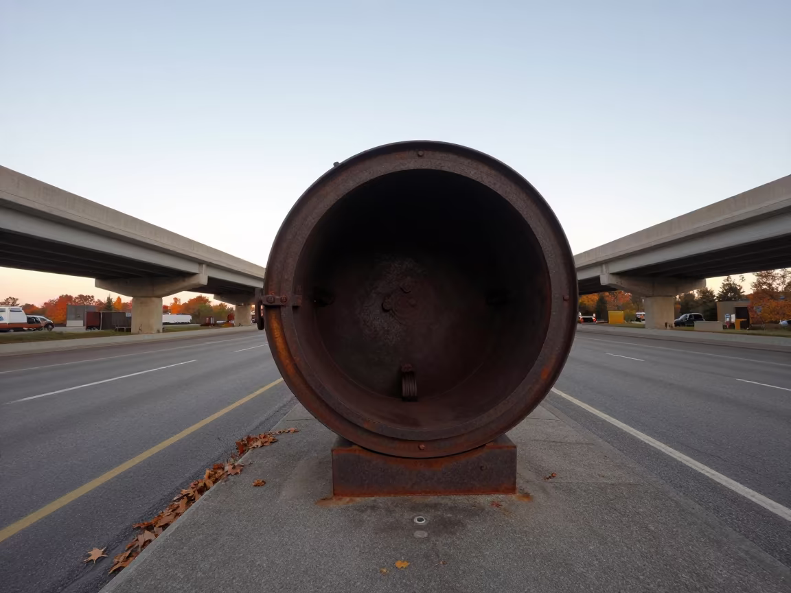 Dawn light on open water tower hatch in across a windy overpass interchange near St Petersburg