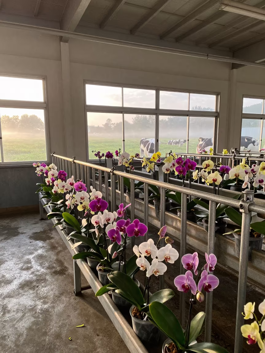 Dawn Light on Orchids in Hokkaido Dairy Parlor in in a dairy milking parlor in Hokkaido