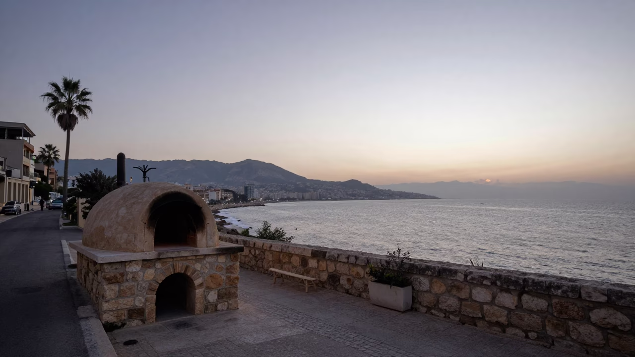 Dawn Light Over Beirut Coastline with Traditional Stone Oven and Brass Details in in Beirut, Lebanon