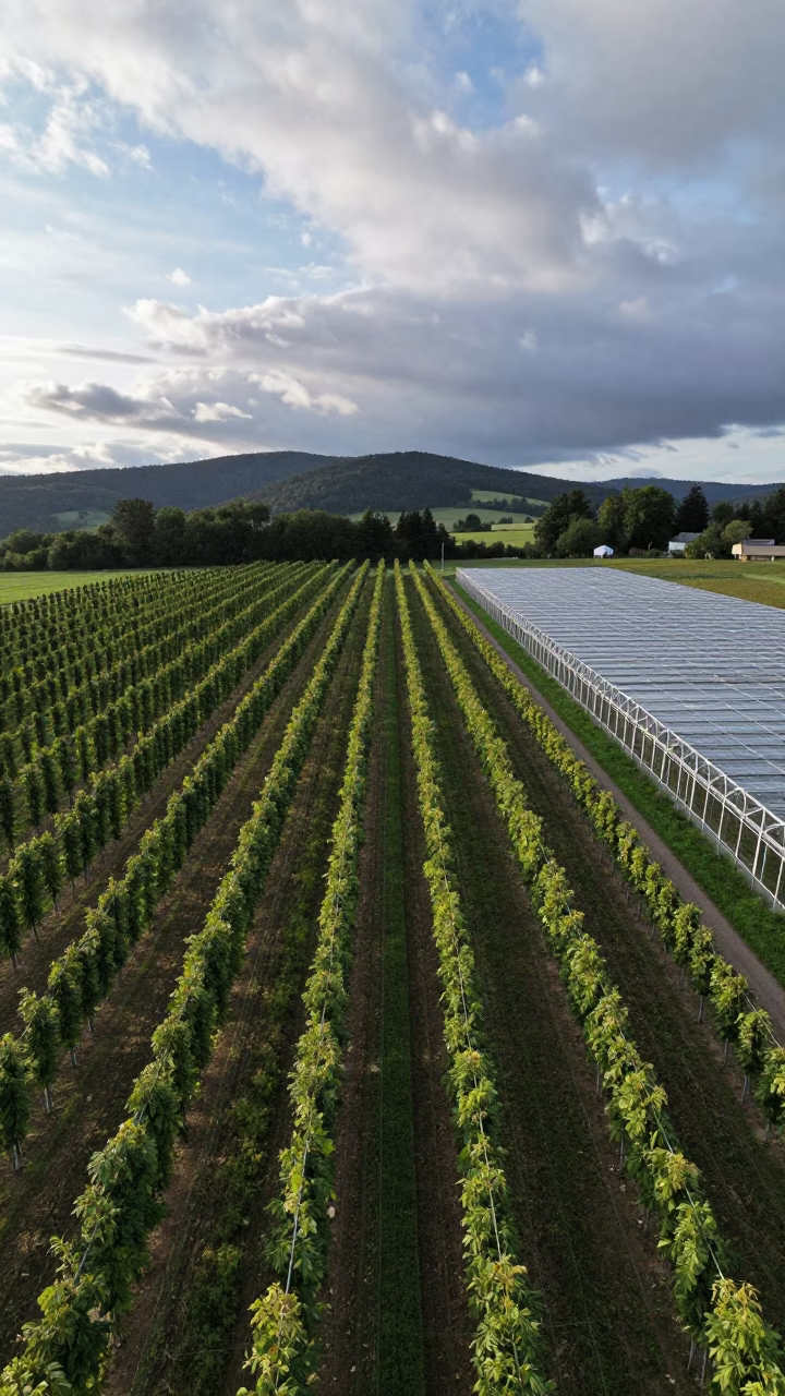 Dawn Light Over Black Forest Hop Fields in high over greenhouse grids in the Black Forest