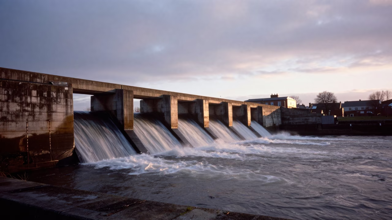 Dawn Light Over Bristol Harbour Dam Wall and Spillway Water Flow in in Bristol, United Kingdom