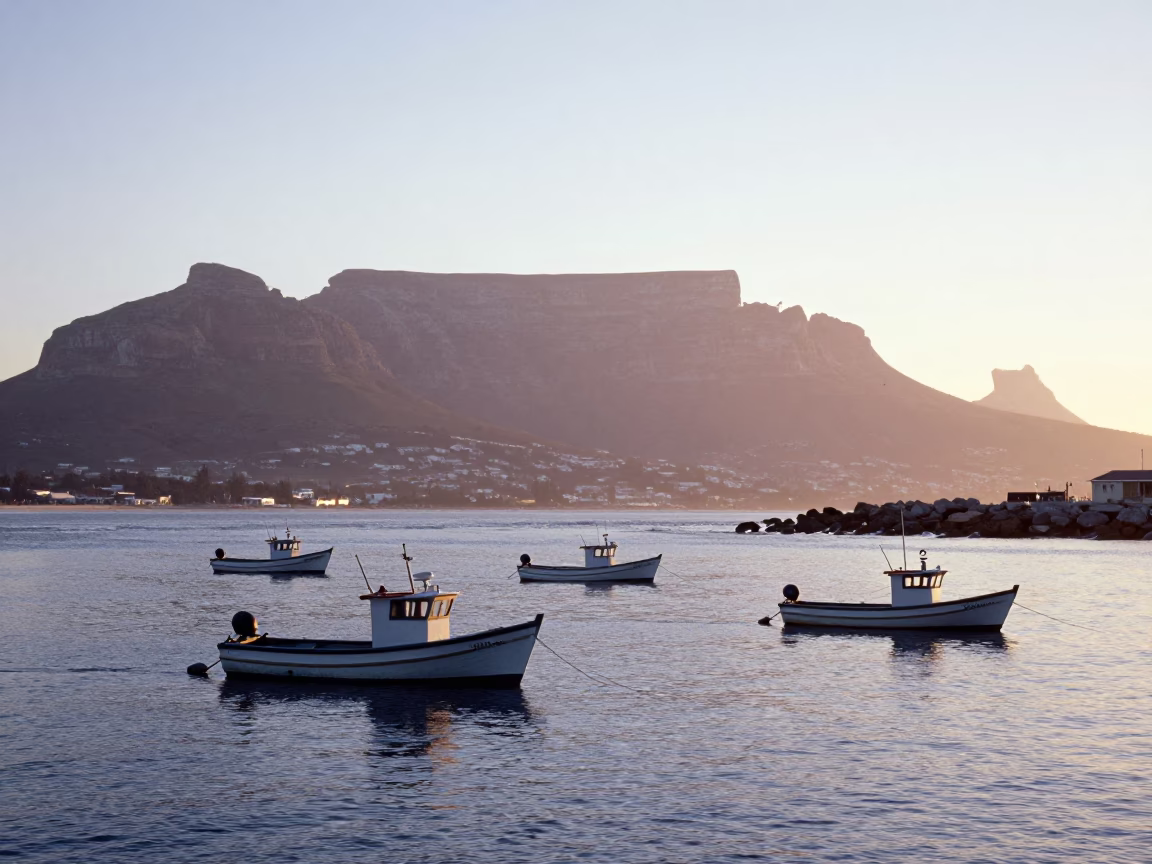 Dawn Light Over Cape Town Harbor Fishing Boats and Coastal Landscape in in Cape Town, South Africa