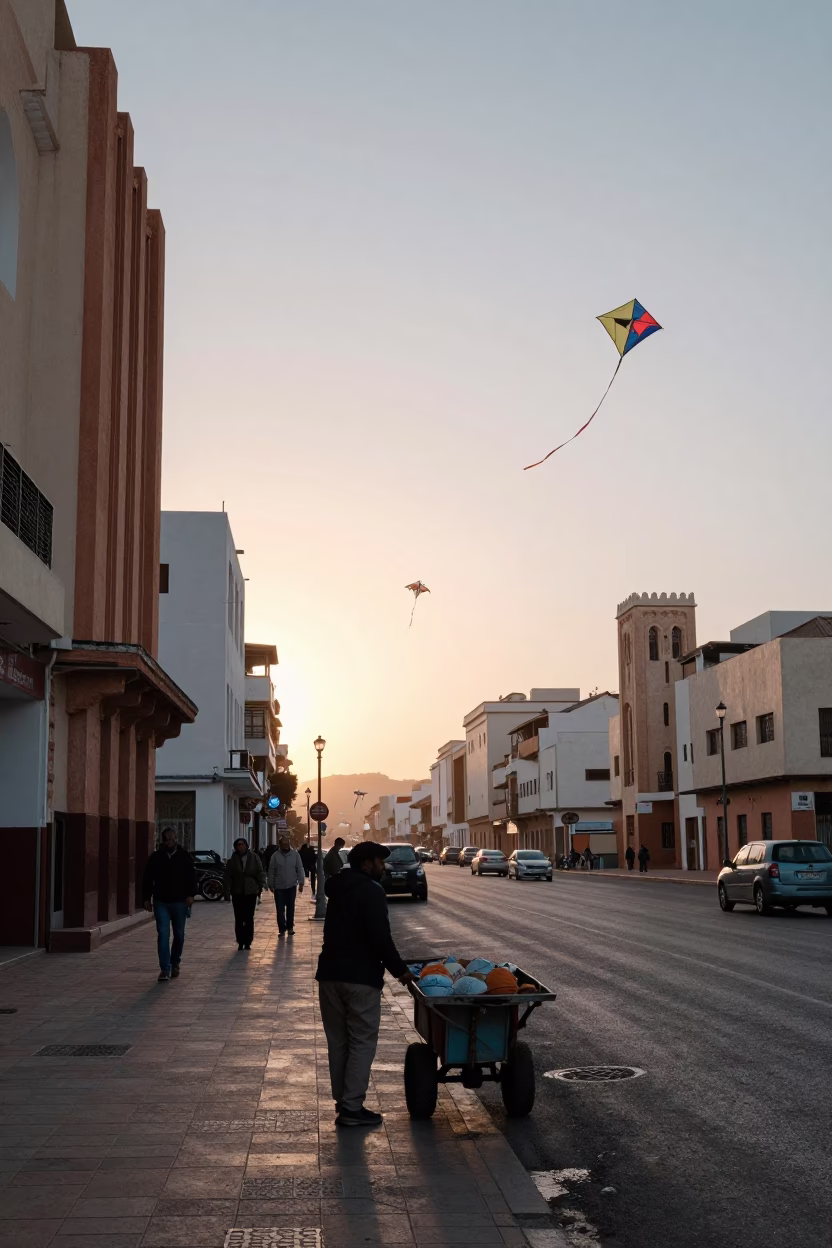 Dawn light over Casablanca Morocco street scene with kites in sky in in Casablanca, Morocco