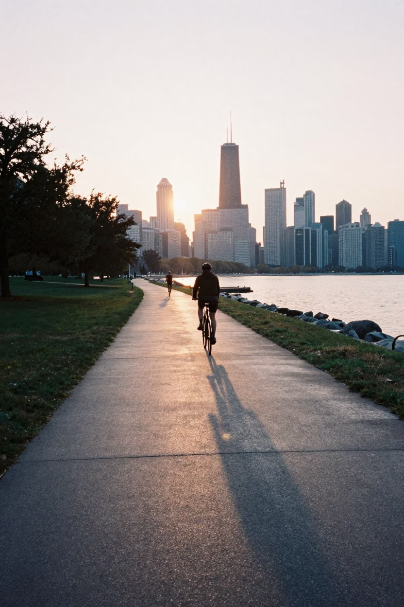 Dawn Light Over Chicago Lakefront Trail with Cyclist and Urban Skyline in in Chicago, Illinois, United States