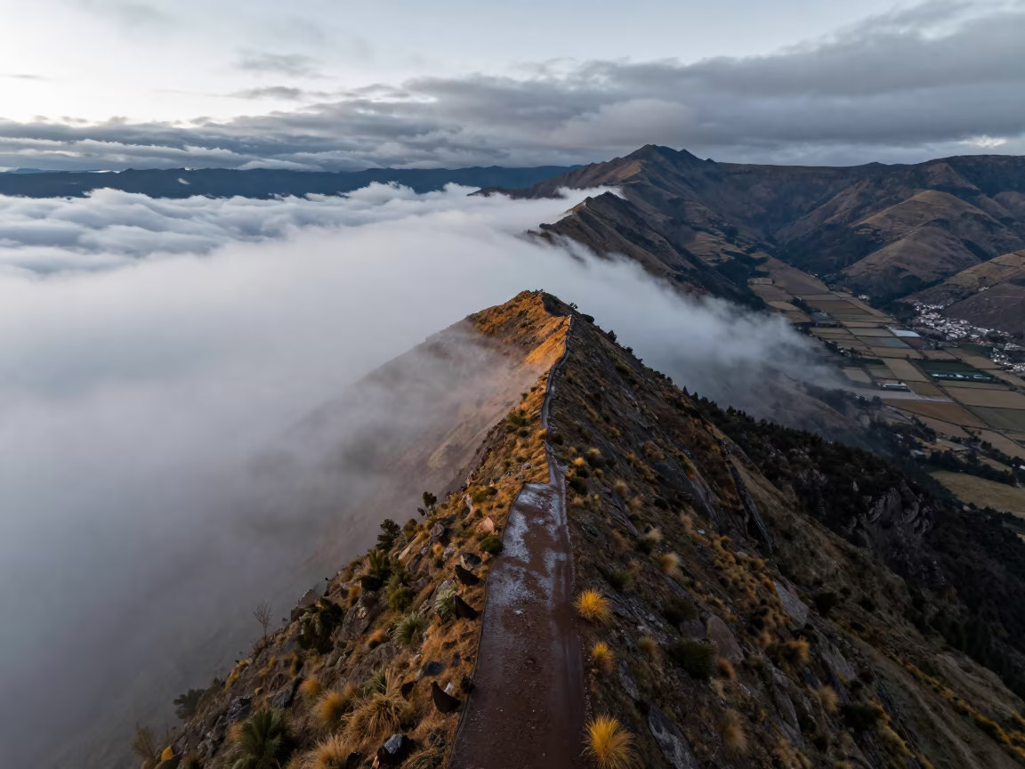 Dawn Light Over Clouds Near Cusco Mountain Ridge in across a floodplain after rain near Cusco