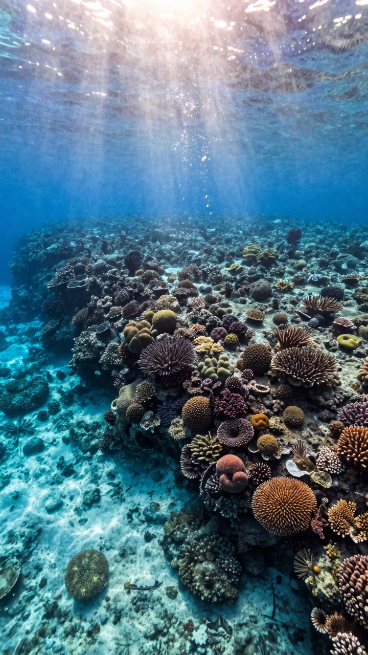 Dawn Light Over Coral Reef Near Cairns in along a coral wall with blue water beyond near Cairns