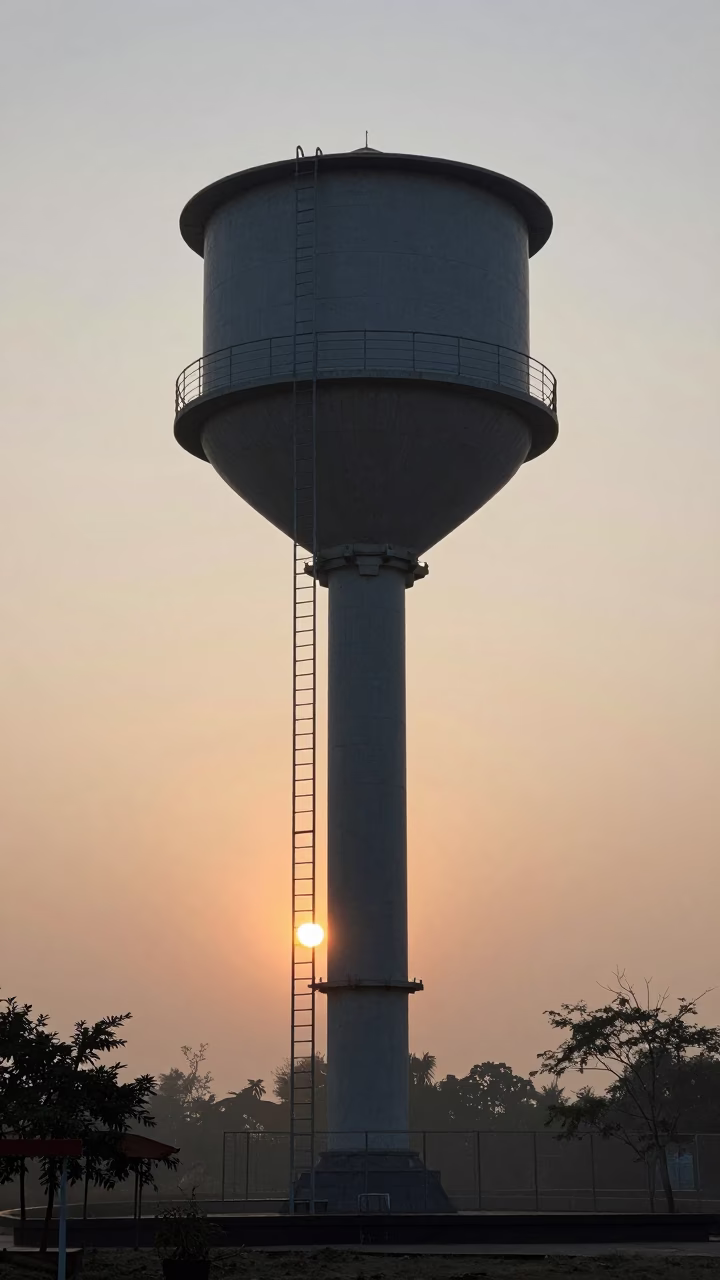 Dawn Light Over Delhi Water Tower and Ladder in Morning Mist in in Delhi, India