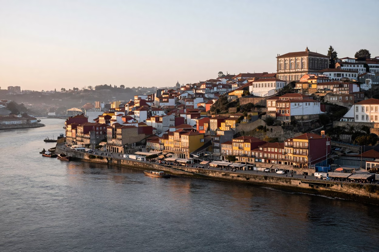 Dawn Light Over Douro River and Ribeira District in Porto Portugal in in Porto, Portugal