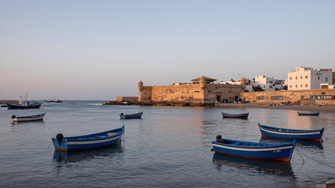Dawn light over Essaouira Morocco coastal harbor with fishing boats and white walls in in Essaouira, Morocco