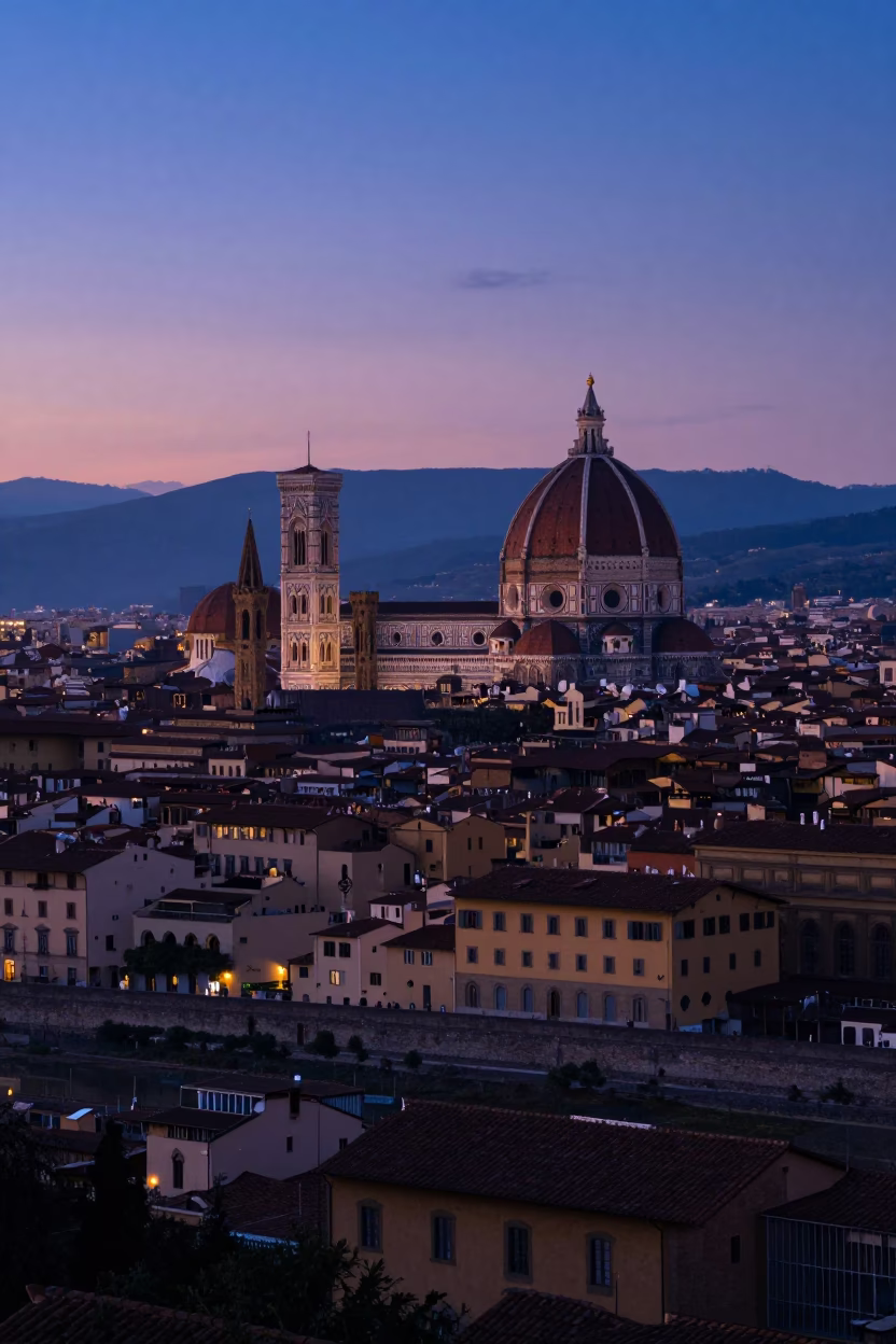 Dawn light over Florence Italy skyline and terracotta rooftops before sunrise in in Florence, Italy